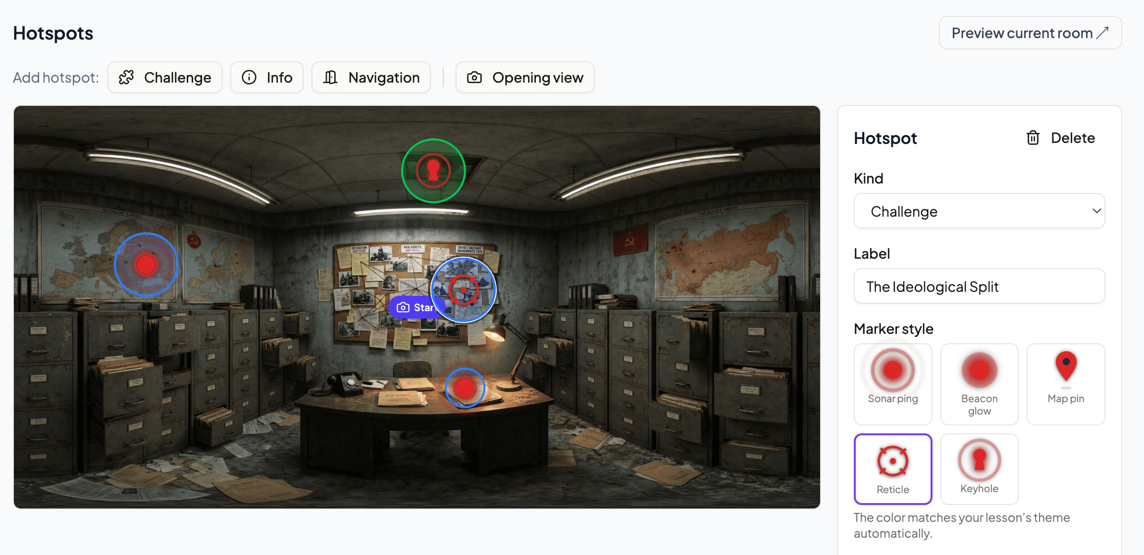 The Zimphy Studio editor: a panoramic room scene with puzzle hotspots and the authoring sidebar